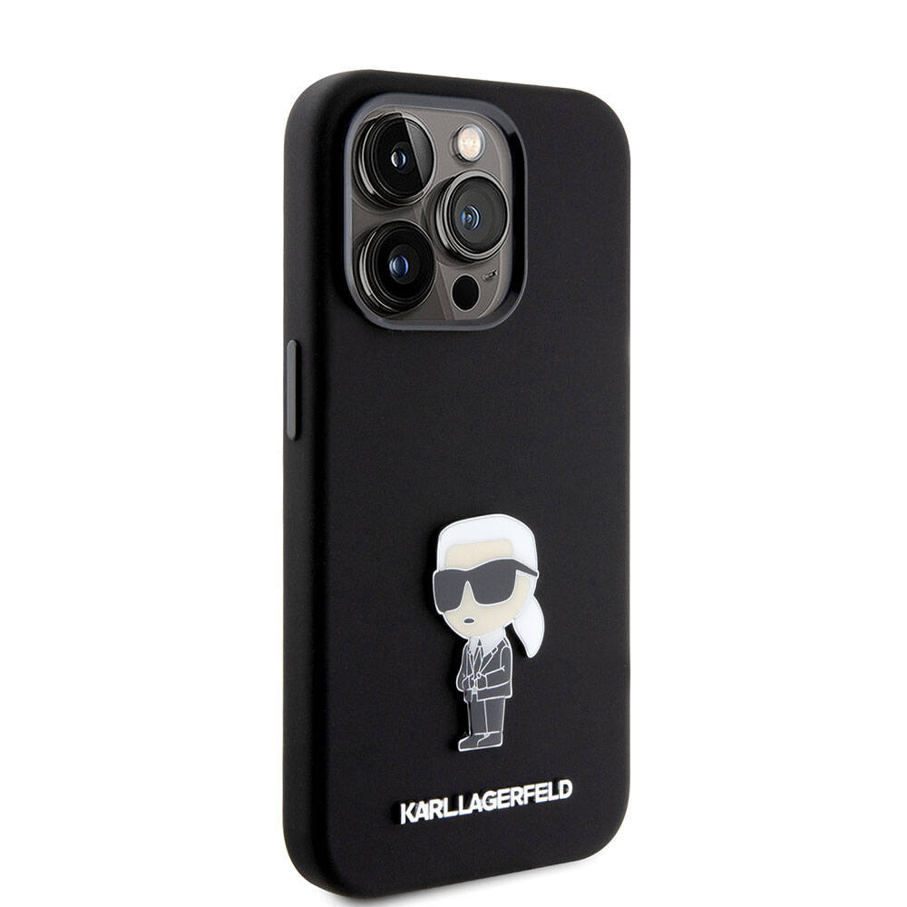 iPhone 15 Pro Max Kılıf Karl Lagerfeld Silikon İkonik Metal Logo Orjinal Lisanslı Kılıf Siyah