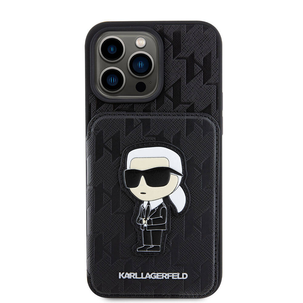 iPhone 15 Pro Max Kılıf Karl Lagerfeld Standlı Kartlıklı Saffiano Monogram İkonik Metal Logo Orjinal Lisanslı Kılıf Siyah