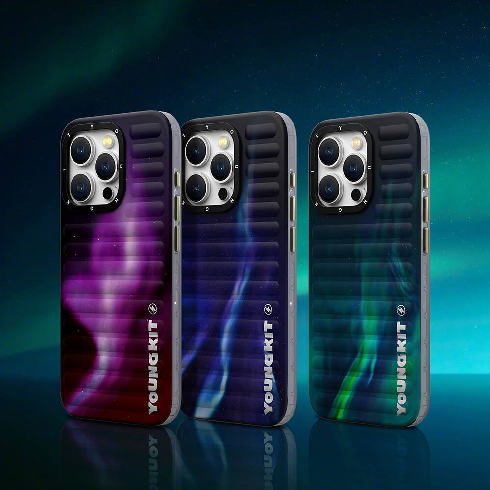 iPhone 15 Pro Max Kılıf Kuzey Işıkları Desenli Youngkit Aurora Serisi Kılıf Yeşil