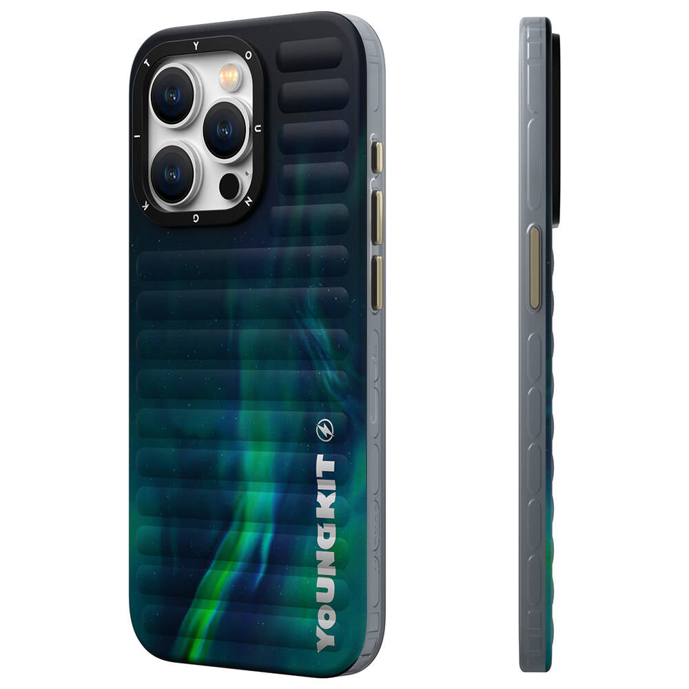 iPhone 15 Pro Max Kılıf Kuzey Işıkları Desenli Youngkit Aurora Serisi Kılıf Yeşil