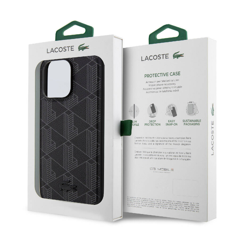 iPhone 15 Pro Max Kılıf Lacoste Orjinal Lisanslı Magsafe Şarj Özellikli PU Deri Görünümlü Karışık Monogram Desenli Kılıf Siyah