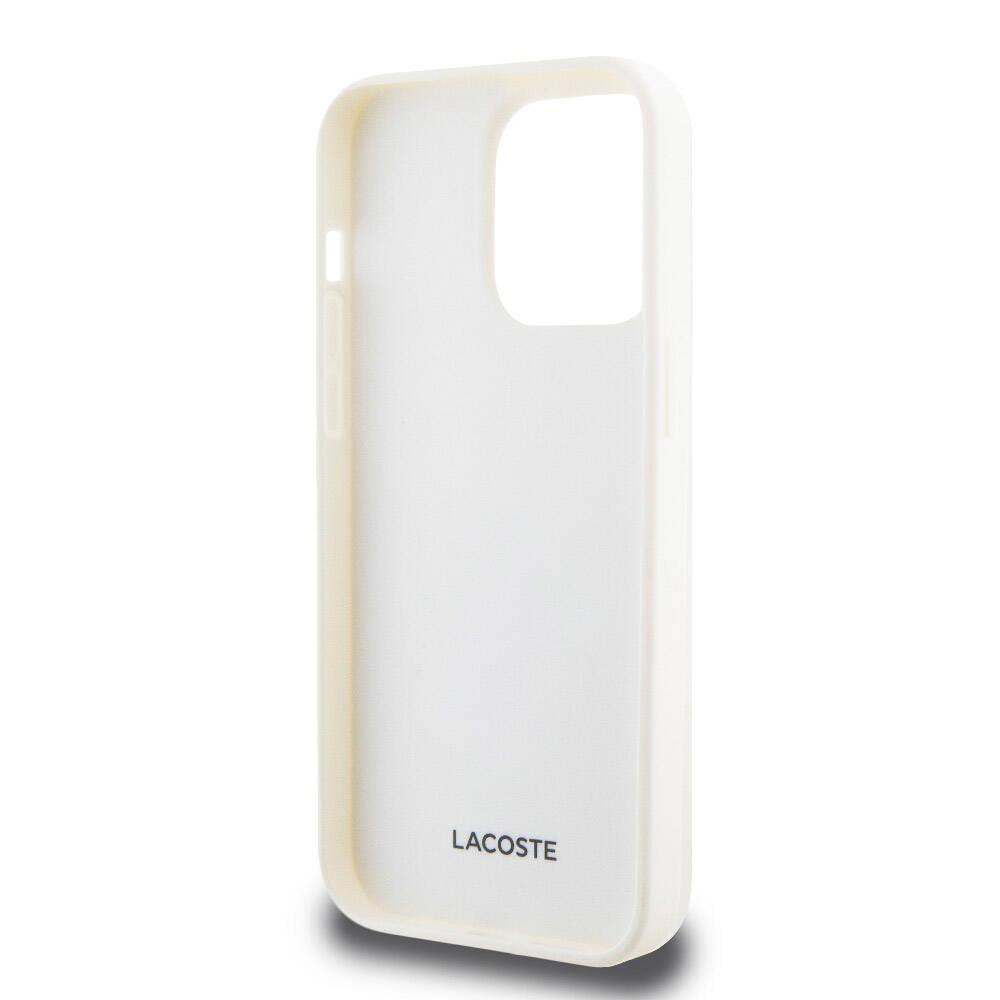 iPhone 15 Pro Max Kılıf Lacoste Orjinal Lisanslı Magsafe Şarj Özellikli PU Deri Görünümlü Kartlıklı Karışık Monogram Desenli Kılıf Beyaz