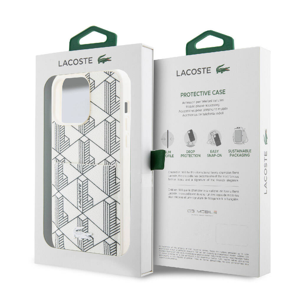 iPhone 15 Pro Max Kılıf Lacoste Orjinal Lisanslı Magsafe Şarj Özellikli PU Deri Görünümlü Kartlıklı Karışık Monogram Desenli Kılıf Beyaz