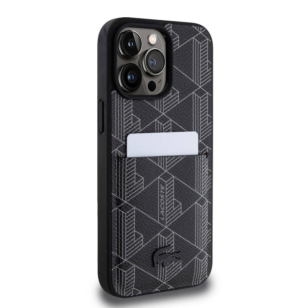 iPhone 15 Pro Max Kılıf Lacoste Orjinal Lisanslı Magsafe Şarj Özellikli PU Deri Görünümlü Kartlıklı Karışık Monogram Desenli Kılıf Beyaz