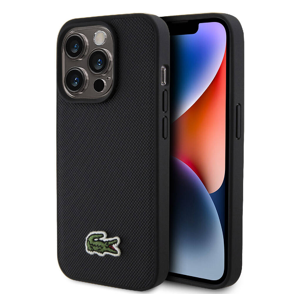 iPhone 15 Pro Max Kılıf Lacoste Orjinal Lisanslı PU Pike Desenli Arka Yüzey İkonik Timsah Dokuma Logolu Kılıf Siyah