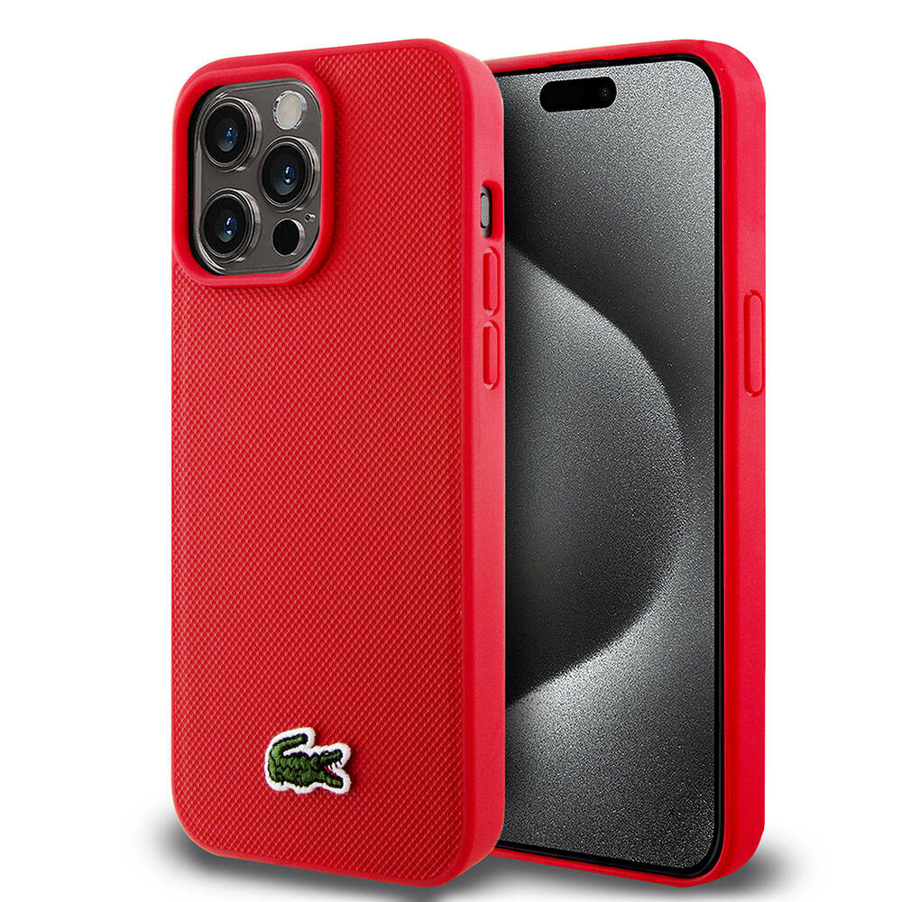 iPhone 15 Pro Max Kılıf Lacoste Orjinal Lisanslı PU Pike Desenli Arka Yüzey İkonik Timsah Dokuma Logolu Kılıf Kırmızı
