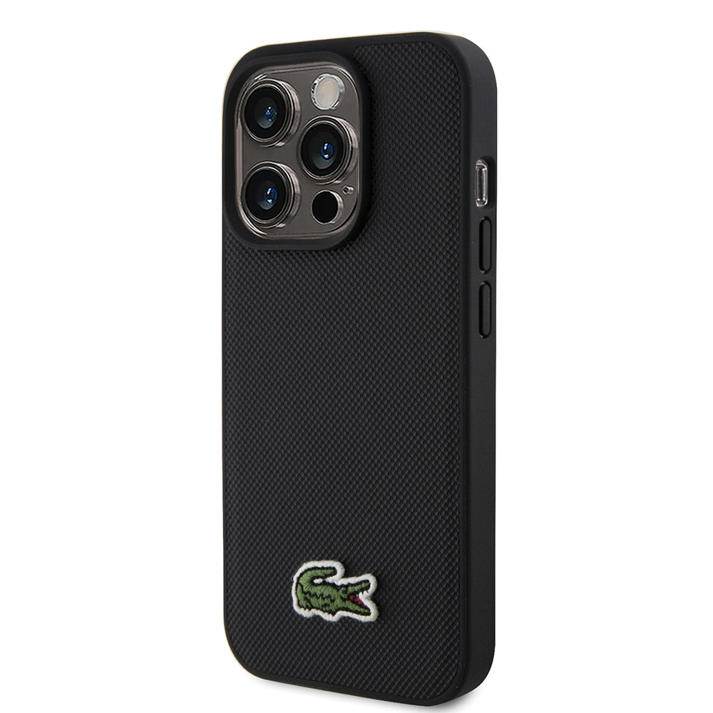 Apple iPhone 15 Pro Max Kılıf Lacoste Orjinal Lisanslı PU Pike Desenli Arka Yüzey İkonik Timsah Dokuma Logolu Kapak + Type-C Kablo 1.5m Siyah