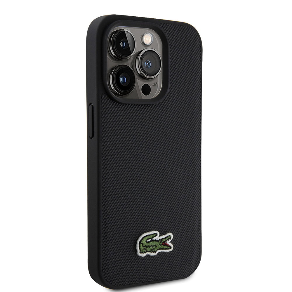 Apple iPhone 15 Pro Max Kılıf Lacoste Orjinal Lisanslı PU Pike Desenli Arka Yüzey İkonik Timsah Dokuma Logolu Kapak + Type-C Kablo 1.5m Siyah