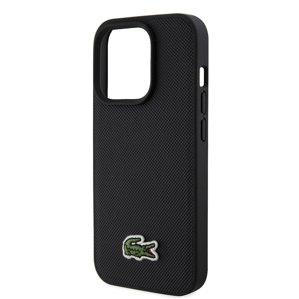 Apple iPhone 15 Pro Max Kılıf Lacoste Orjinal Lisanslı PU Pike Desenli Arka Yüzey İkonik Timsah Dokuma Logolu Kapak + Type-C Kablo 1.5m Siyah