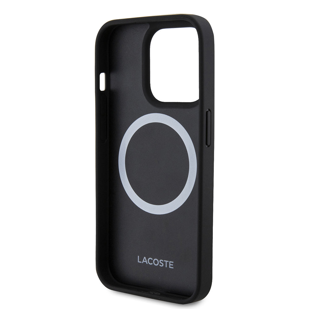 Apple iPhone 15 Pro Max Kılıf Lacoste Orjinal Lisanslı PU Pike Desenli Arka Yüzey İkonik Timsah Dokuma Logolu Kapak + Type-C Kablo 1.5m Siyah