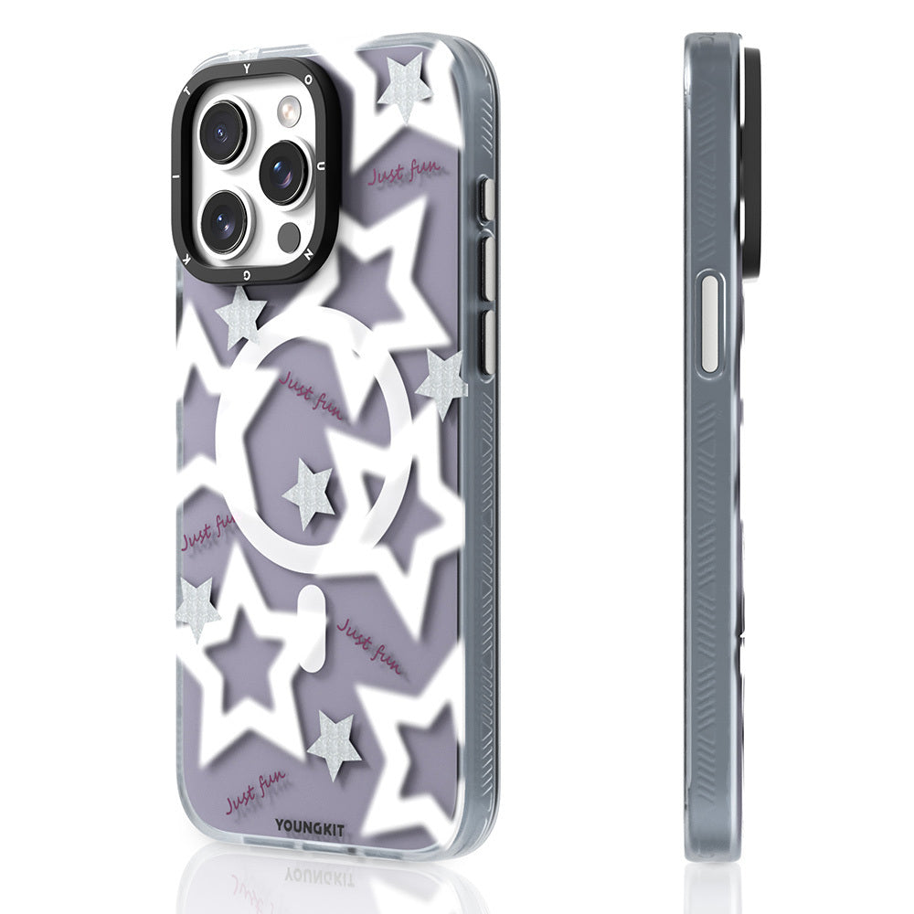 iPhone 15 Pro Max Kılıf Magsafe Şarj Özellikli Airbagli Çift Katmanlı Youngkit Star&Butterfly Serisi Kılıf Gri