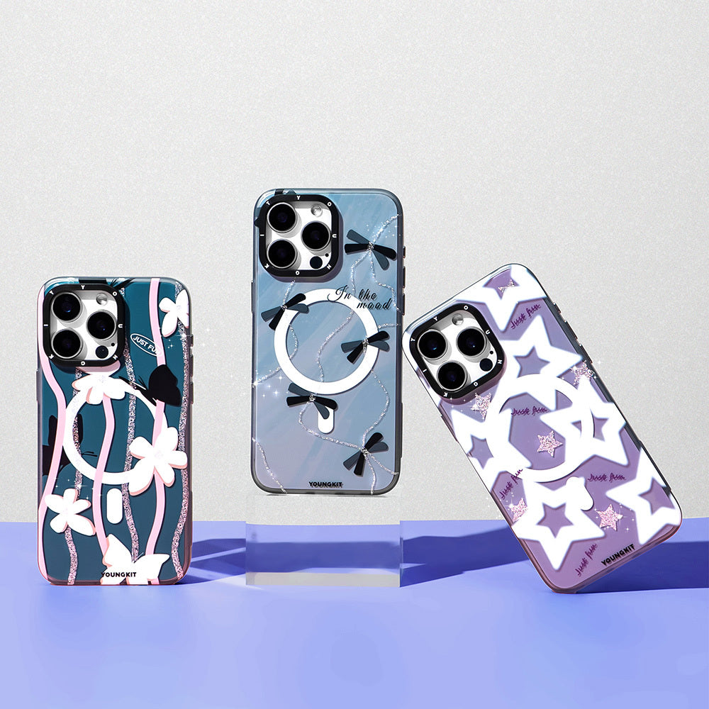 iPhone 15 Pro Max Kılıf Magsafe Şarj Özellikli Airbagli Çift Katmanlı Youngkit Star&Butterfly Serisi Kılıf Mor