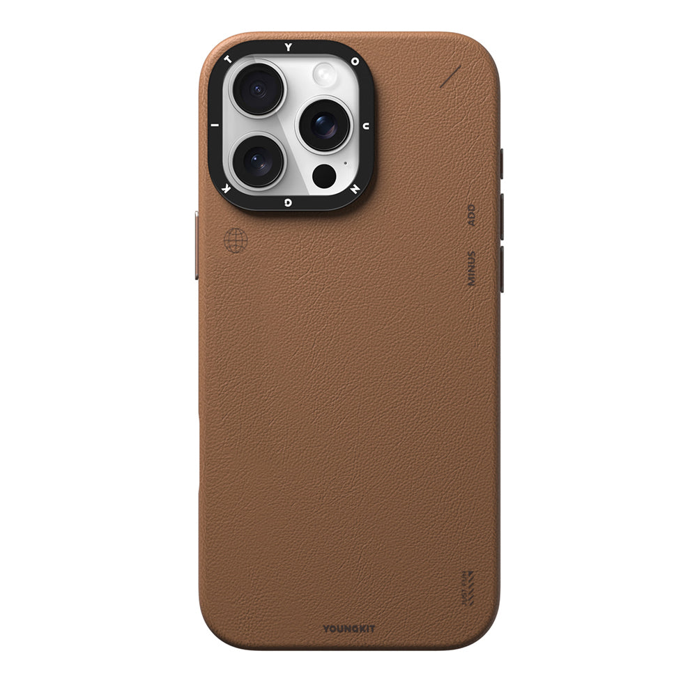 iPhone 15 Pro Max Kılıf Magsafe Şarj Özellikli Basit Mat Deri Desenli Youngkit Tech Fashion Serisi Kılıf Kahverengi