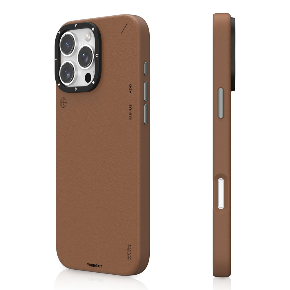 iPhone 15 Pro Max Kılıf Magsafe Şarj Özellikli Basit Mat Deri Desenli Youngkit Tech Fashion Serisi Kılıf Kahverengi