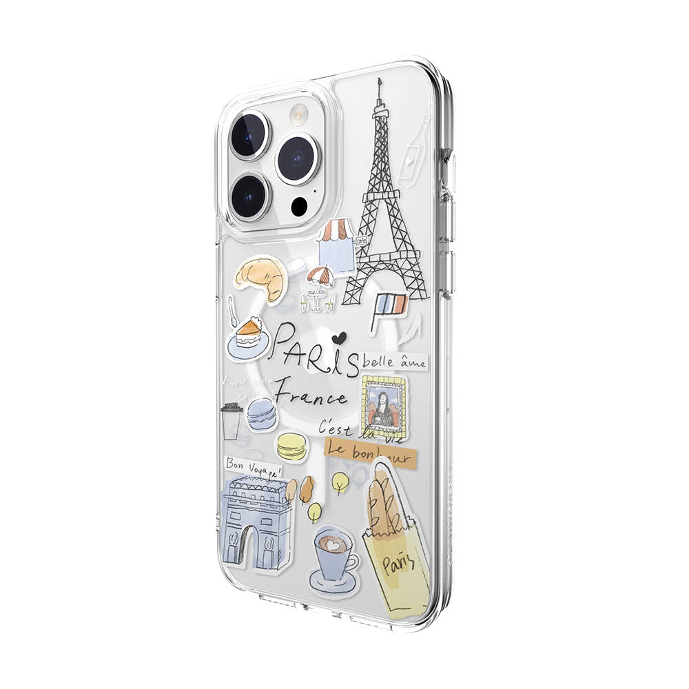 iPhone 15 Pro Max Kılıf Magsafe Şarj Özellikli Çizim Desenli Şok Önleyicili Şeffaf Lisanslı Switcheasy City-M Paris Kılıf Renksiz