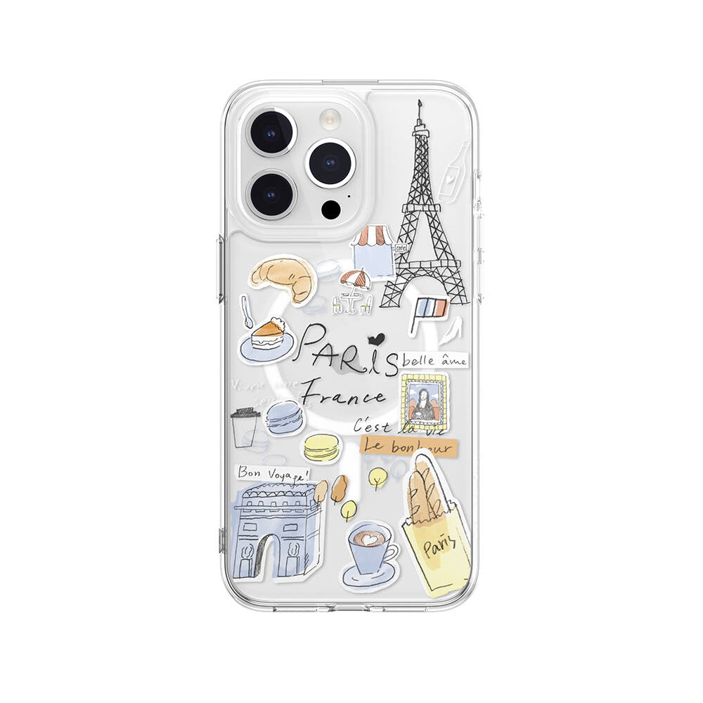 iPhone 15 Pro Max Kılıf Magsafe Şarj Özellikli Çizim Desenli Şok Önleyicili Şeffaf Lisanslı Switcheasy City-M Paris Kılıf Renksiz