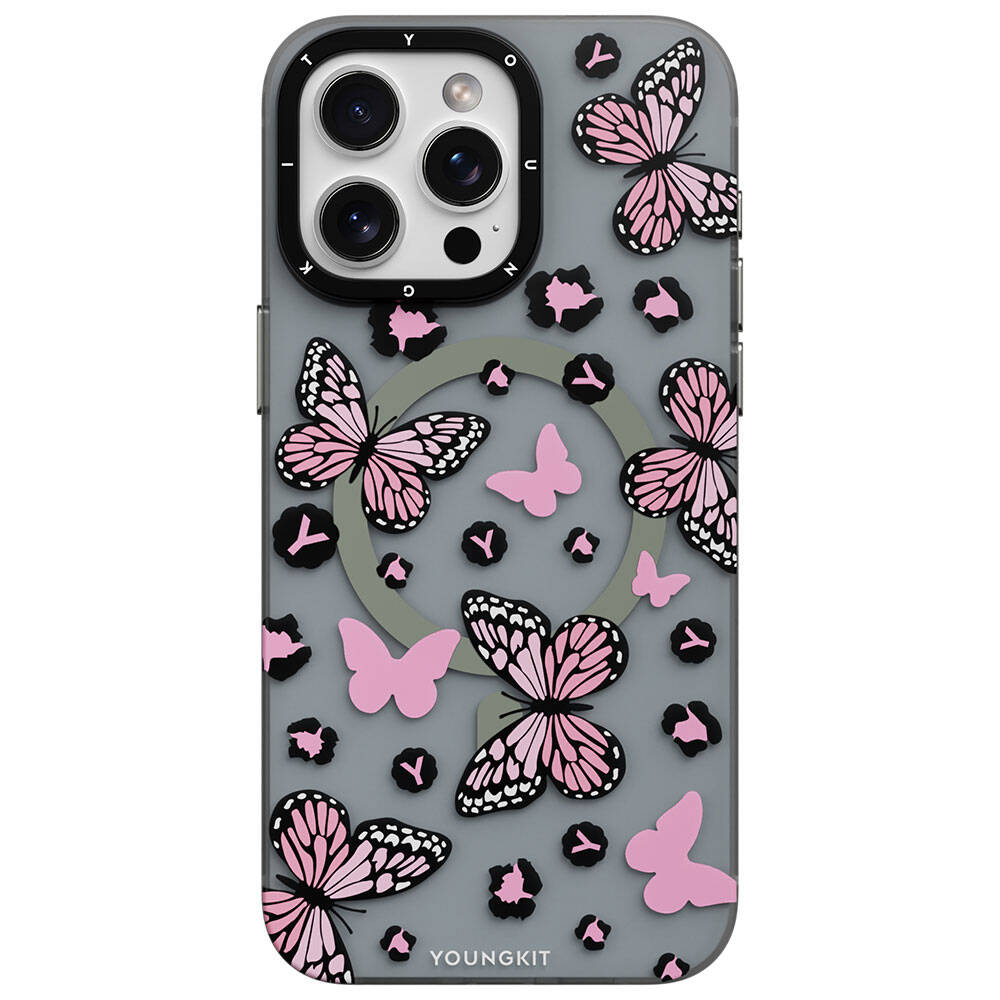 iPhone 15 Pro Max Kılıf Magsafe Şarj Özellikli Kelebek Desenli Youngkit Shadow Dance Serisi Kılıf Pembe