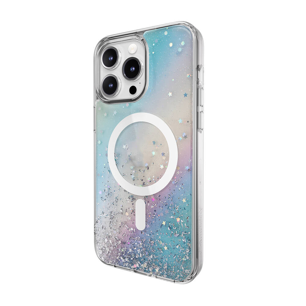 iPhone 15 Pro Max Kılıf Magsafe Şarj Özellikli Parlayan Simli Şeffaf Lisanslı Switcheasy Starfield-M Kılıf Mor