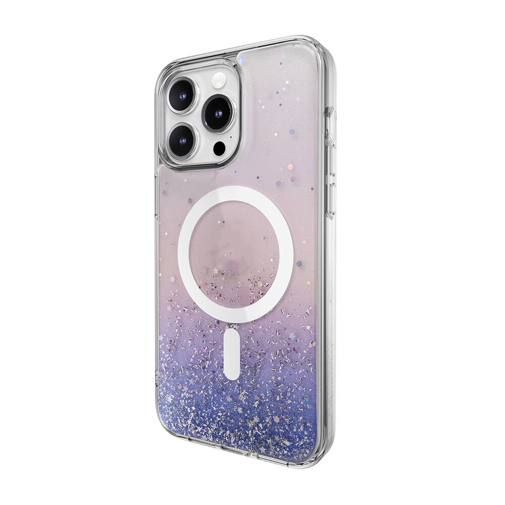 iPhone 15 Pro Max Kılıf Magsafe Şarj Özellikli Parlayan Simli Şeffaf Lisanslı Switcheasy Starfield-M Kılıf Mor