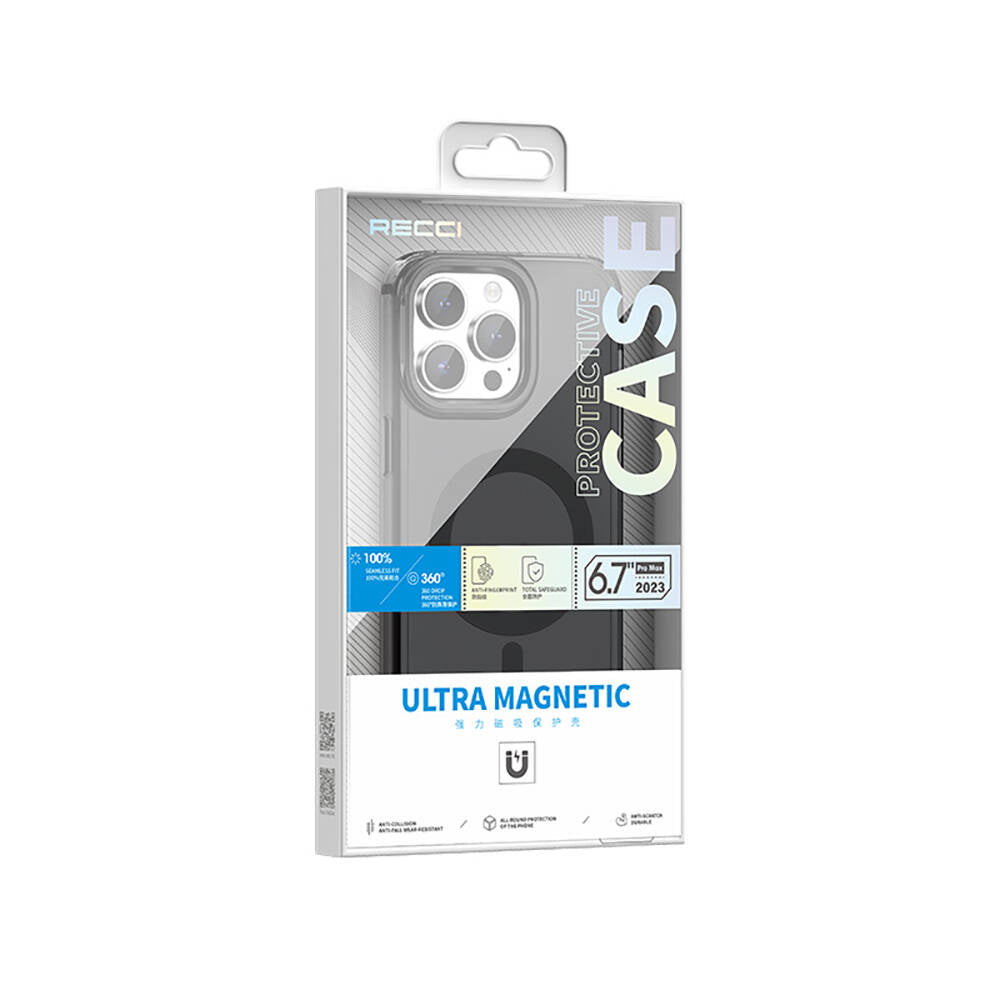 iPhone 15 Pro Max Kılıf Magsafe Şarj Özellikli Saydam Arka Yüzey Recci Crystal Color Serisi Kılıf Mavi