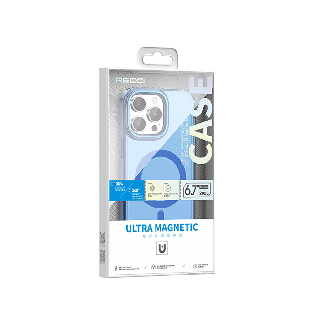 iPhone 15 Pro Max Kılıf Magsafe Şarj Özellikli Saydam Arka Yüzey Recci Crystal Color Serisi Kılıf Mavi