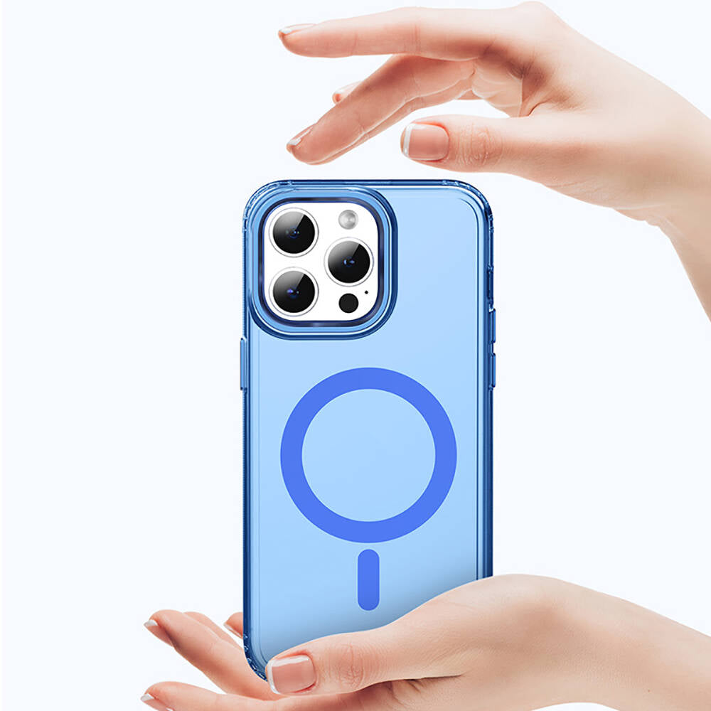 iPhone 15 Pro Max Kılıf Magsafe Şarj Özellikli Saydam Arka Yüzey Recci Crystal Color Serisi Kılıf Mavi