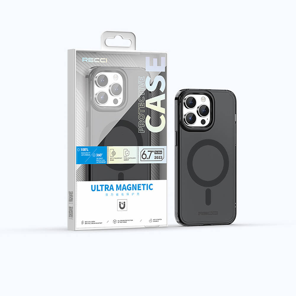 iPhone 15 Pro Max Kılıf Magsafe Şarj Özellikli Saydam Arka Yüzey Recci Crystal Color Serisi Kılıf Mavi