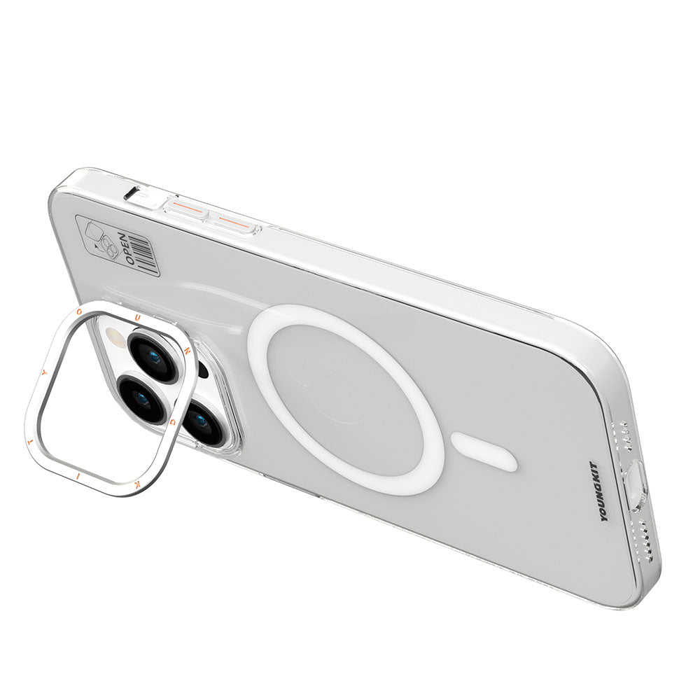 iPhone 15 Pro Max Kılıf Magsafe Şarj Özellikli Standlı YoungKit Hermit Bracket Serisi Kılıf Beyaz