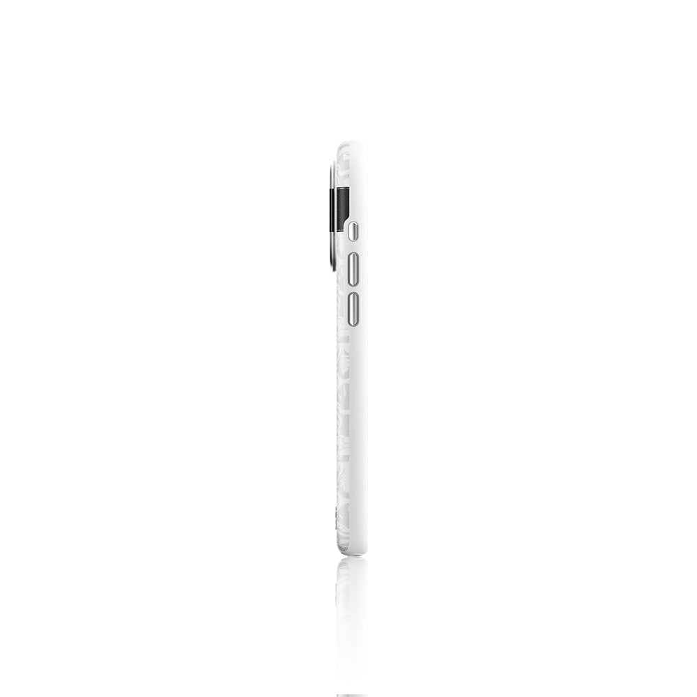Apple iPhone 15 Pro Max Kılıf Magsafe Şarj Özellikli Suni Deri Tasarımlı Desenli Pynana Print Serisi Kapak Beyaz