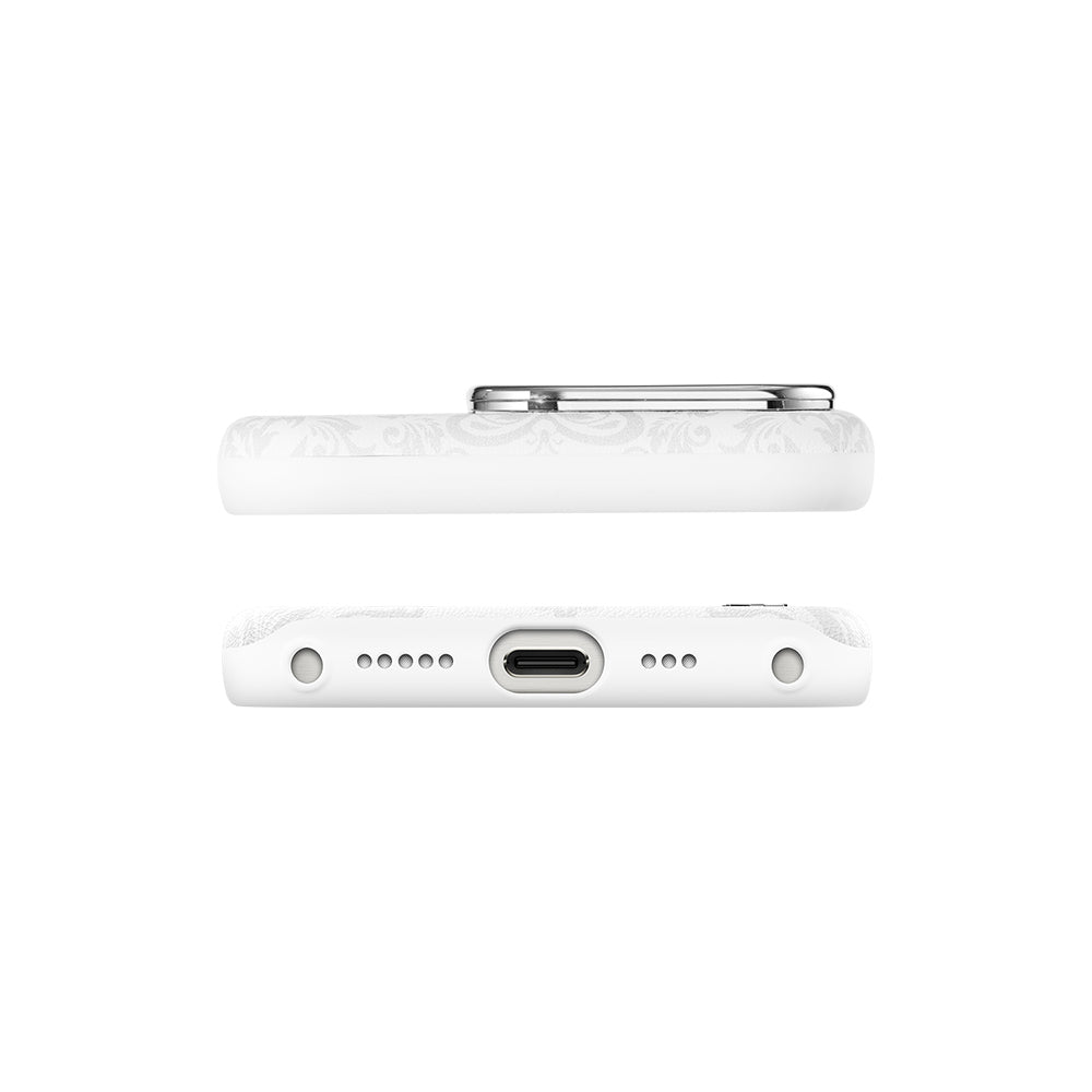 Apple iPhone 15 Pro Max Kılıf Magsafe Şarj Özellikli Suni Deri Tasarımlı Desenli Pynana Print Serisi Kapak Beyaz