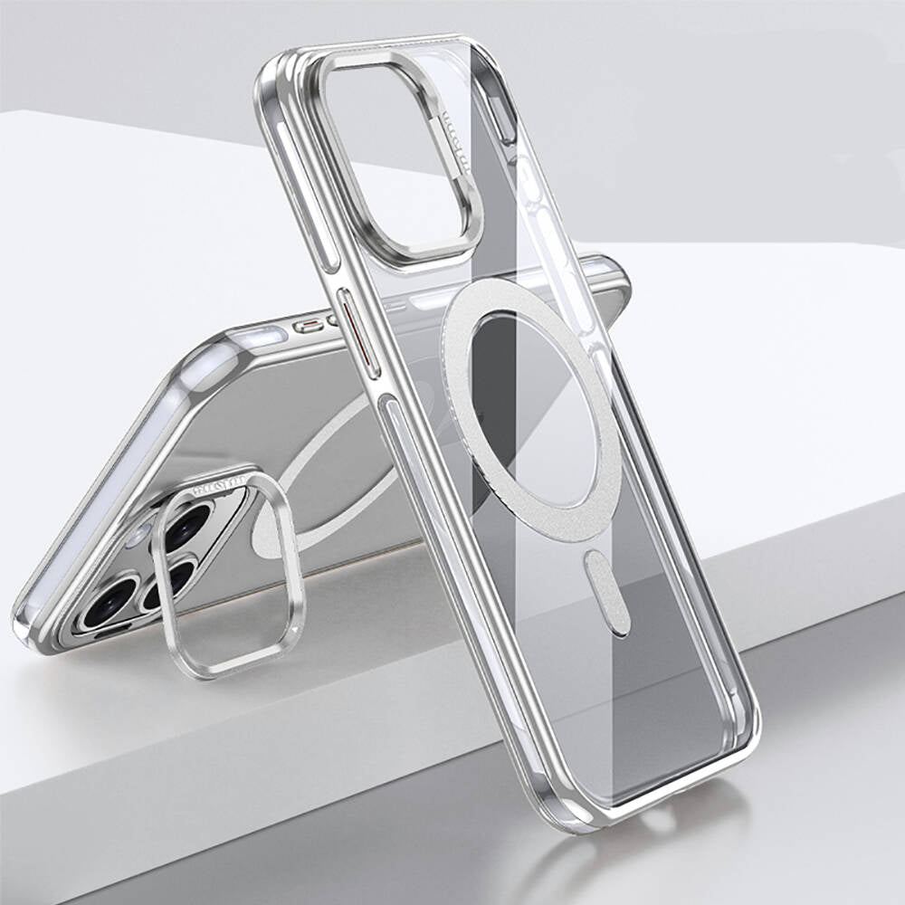iPhone 15 Pro Max Kılıf Magsafe Şarj Özellikli Wlons Standlı Efsane Kılıf Gümüş