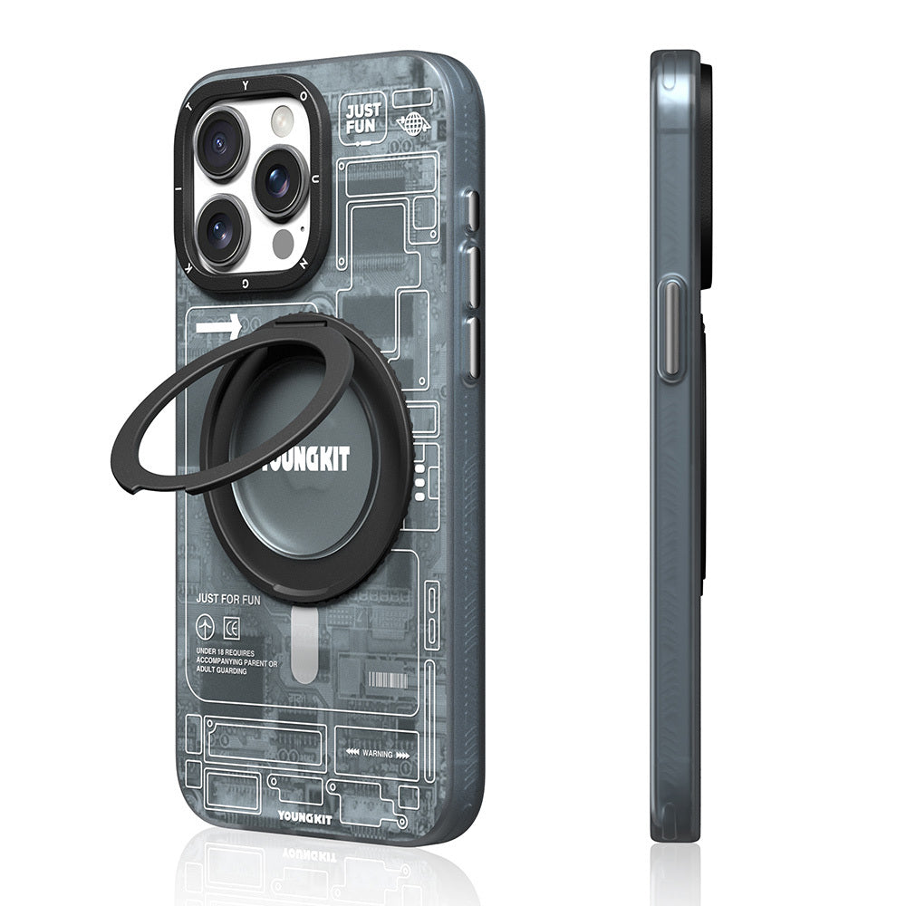 iPhone 15 Pro Max Kılıf Magsafe Şarj Özellikli Youngkit 360° Standlı Technology Serisi Kılıf Gri