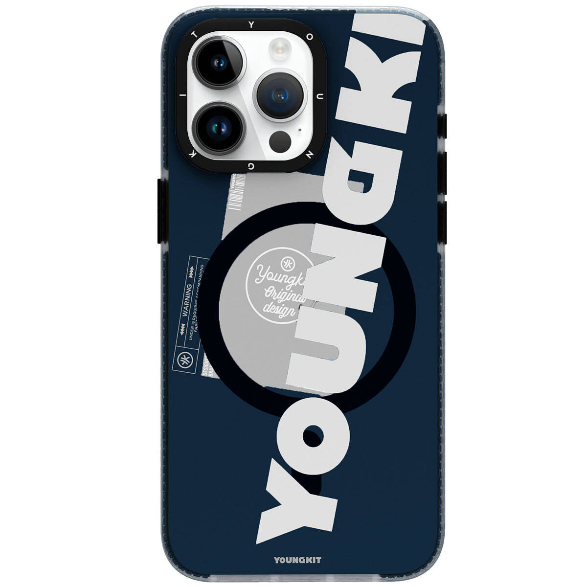 iPhone 15 Pro Max Kılıf Magsafe Şarj Özellikli Youngkit Binfen Serisi Yazı Temalı Kılıf Mavi