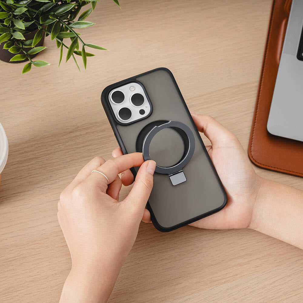 iPhone 15 Pro Max Kılıf Magsafe Şarj Özellikli Yüzük Standlı Lisanslı Switcheasy Magstand-M Kılıf Siyah