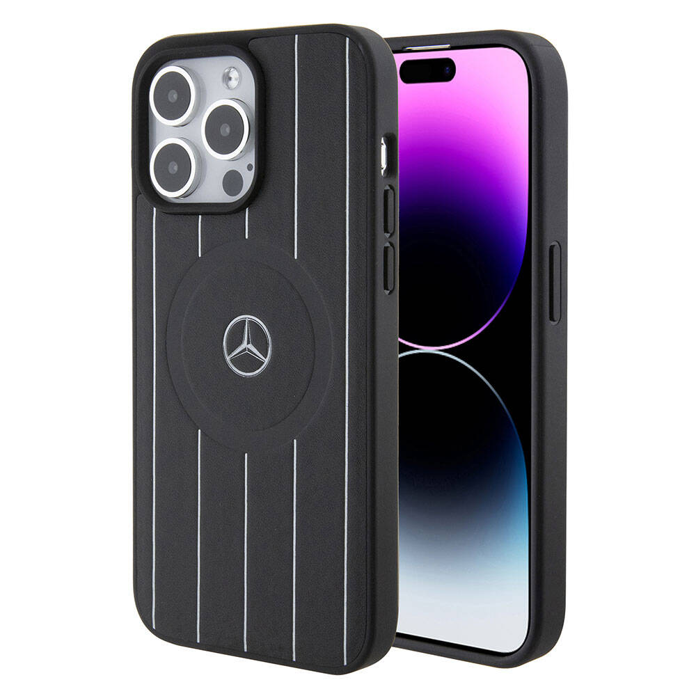 iPhone 15 Pro Max Kılıf Mercedes Benz Orjinal Lisanslı Magsafe Şarj Özellikli Baskı Logolu Paralel Çizgi Desenli Deri Kılıf Siyah