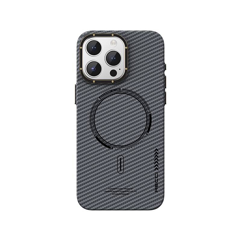 iPhone 15 Pro Max Kılıf Recci Machinist Serisi Magsafe Şarj Özellikli Magnetik Karbon Kılıf Gri