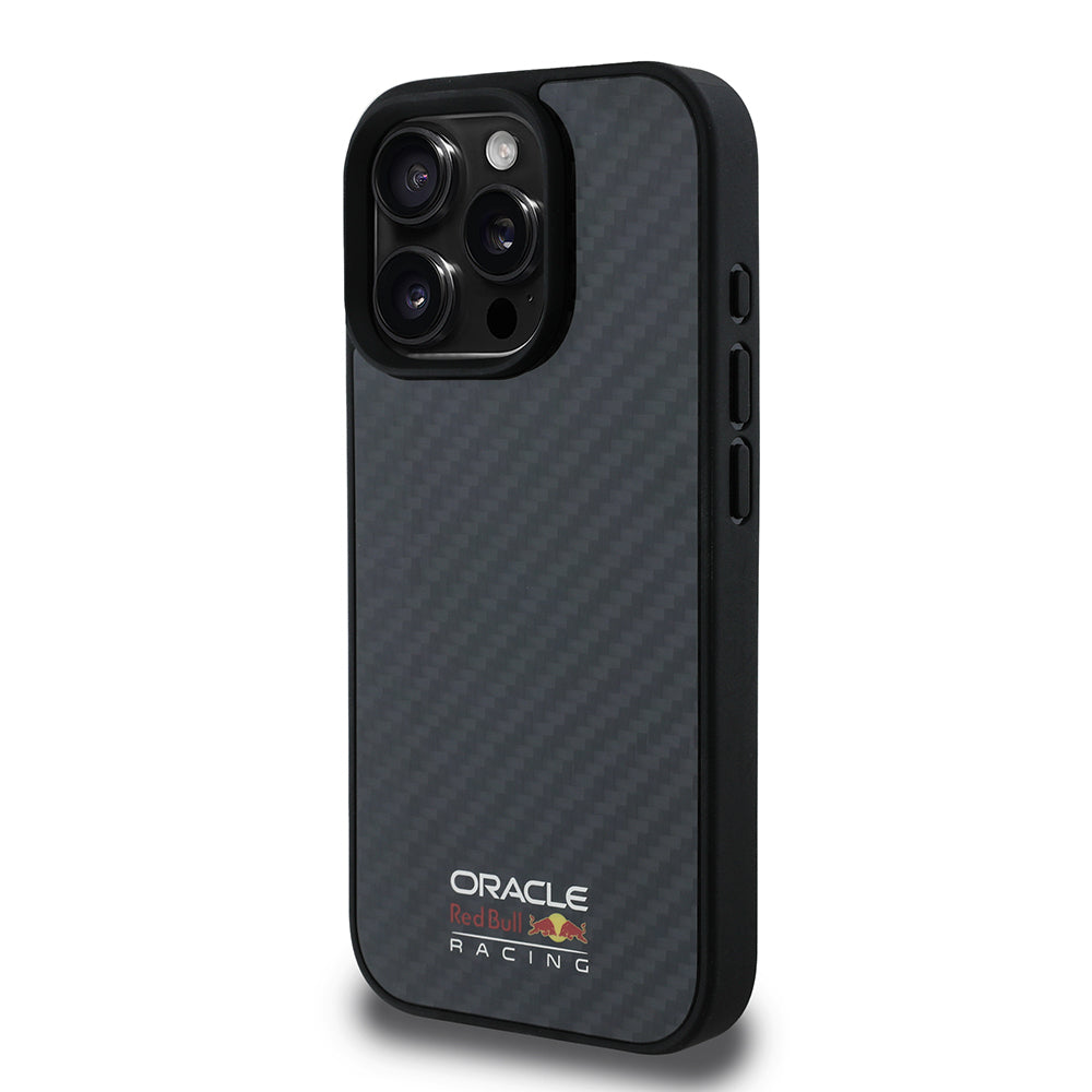 Apple iPhone 15 Pro Max Kılıf Redbull Orjinal Lisanslı Magsafe Şarj Özellikli Karbon Fiber Tasarımlı Parlayan Logolu Kapak Siyah