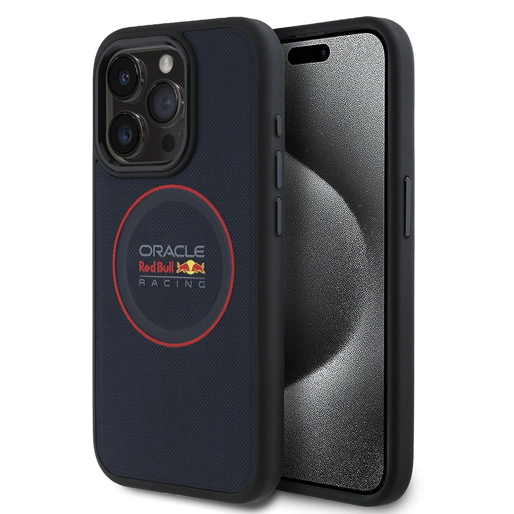 Apple iPhone 15 Pro Max Kılıf Redbull Orjinal Lisanslı Magsafe Şarj Özellikli Kırmızı Halka ve Logo Kabartmalı PU Deri Kapak Lacivert