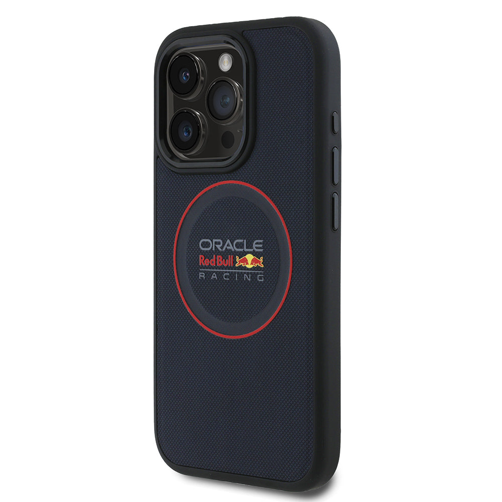 Apple iPhone 15 Pro Max Kılıf Redbull Orjinal Lisanslı Magsafe Şarj Özellikli Kırmızı Halka ve Logo Kabartmalı PU Deri Kapak Lacivert