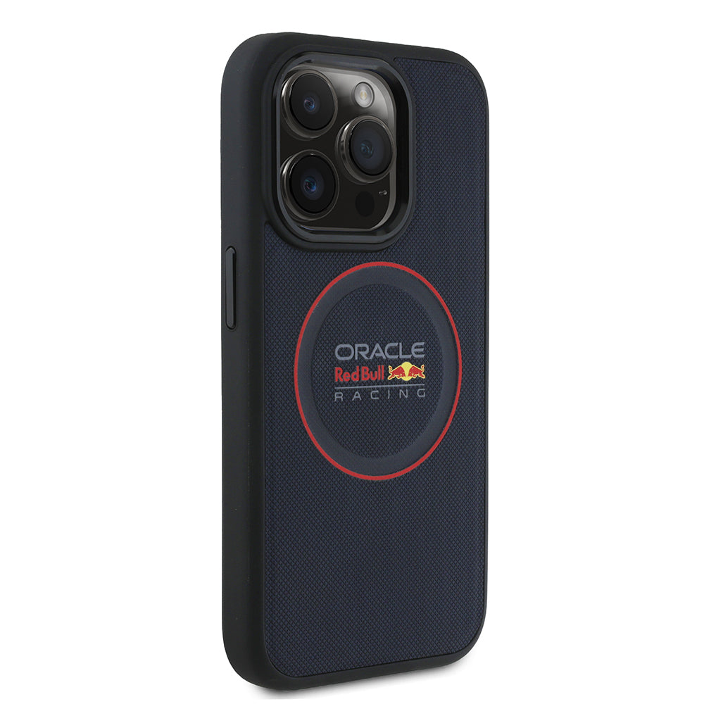 Apple iPhone 15 Pro Max Kılıf Redbull Orjinal Lisanslı Magsafe Şarj Özellikli Kırmızı Halka ve Logo Kabartmalı PU Deri Kapak Lacivert