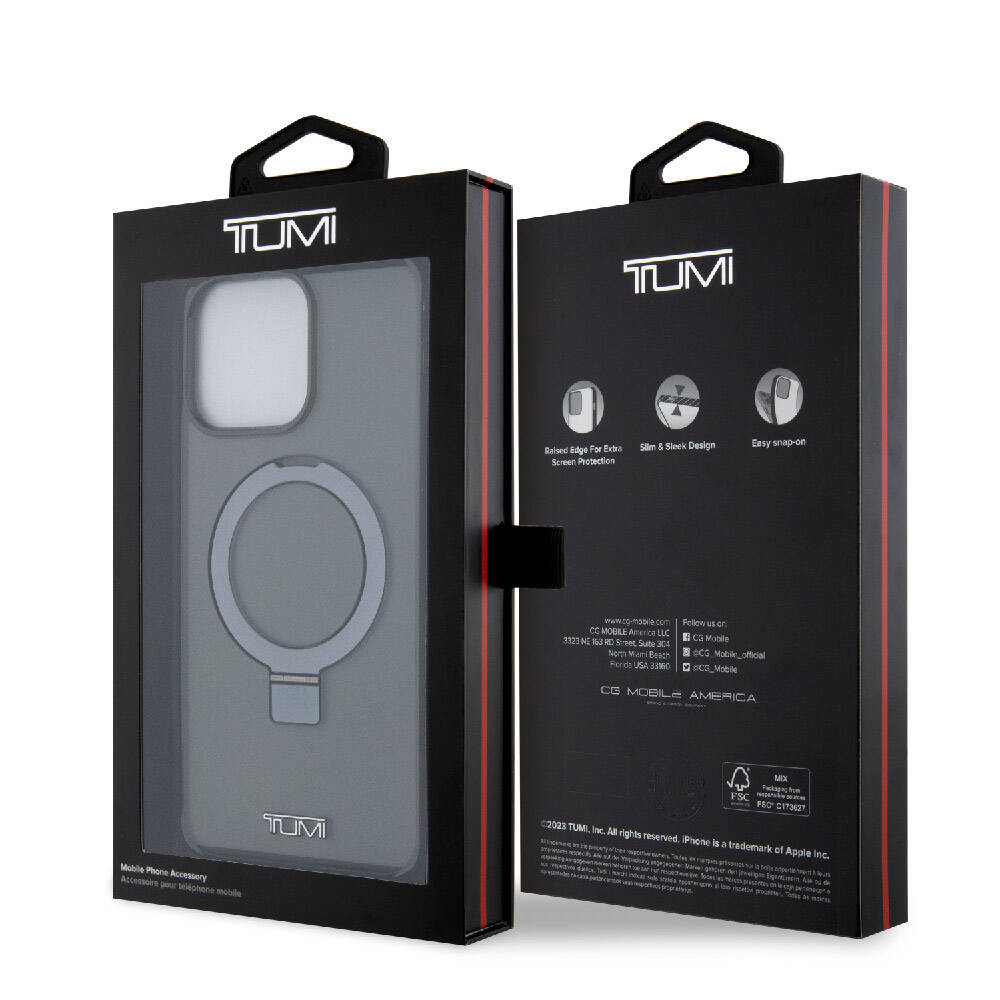 iPhone 15 Pro Max Kılıf TUMI Orjinal Lisanslı Magsafe Şarj Özellikli PC TPU Metal Logolu Ring Standlı Kılıf Siyah