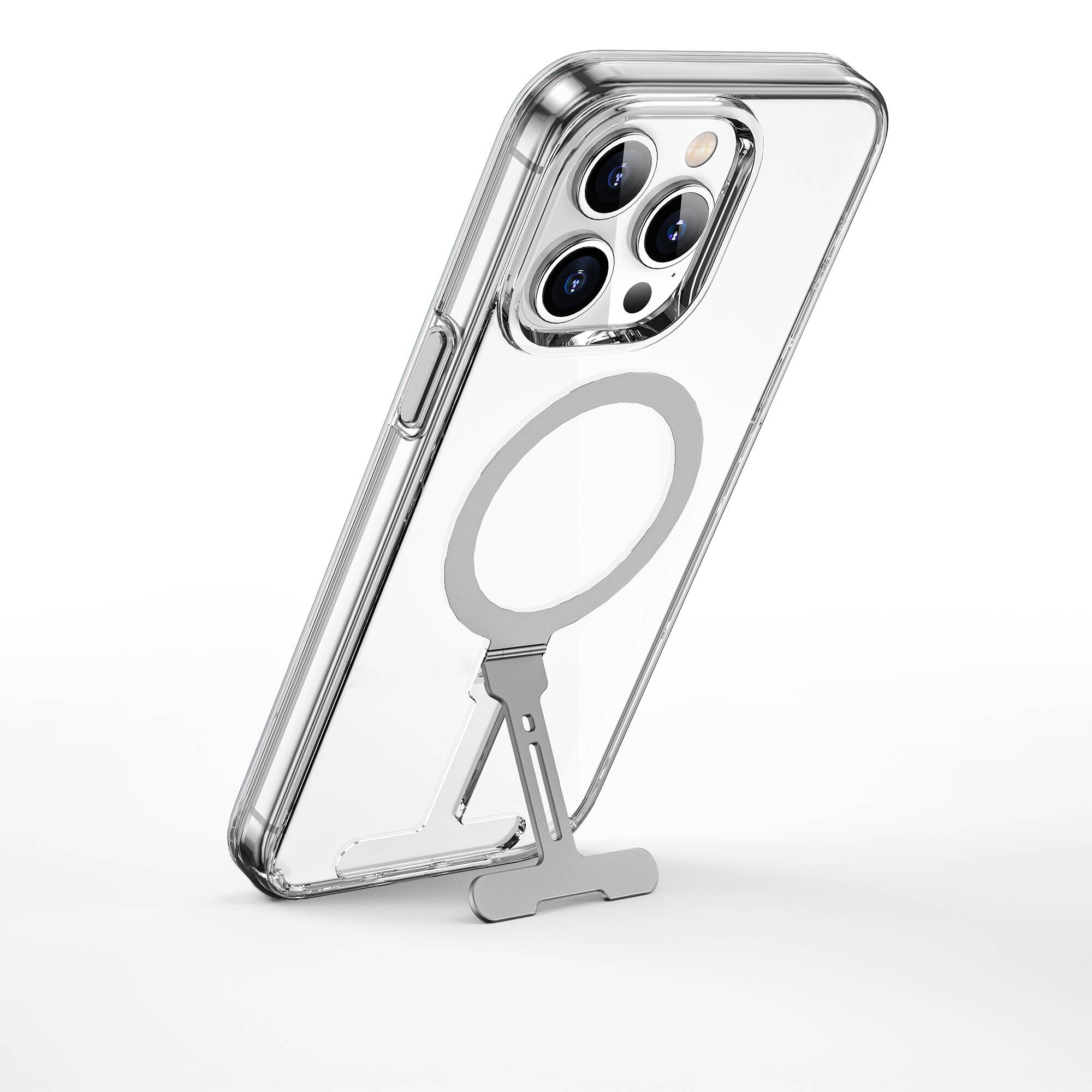 iPhone 15 Pro Max Kılıf Wiwu FYY-014 Magsafe Şarj Özellikli Alüminyum Alaşım Metal Standlı Şeffaf Kılıf Renksiz