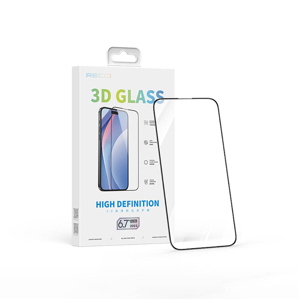 iPhone 15 Pro Max Recci RSP-A05SD 3D HD Full Transparan Temperli Cam Ekran Koruyucu Siyah