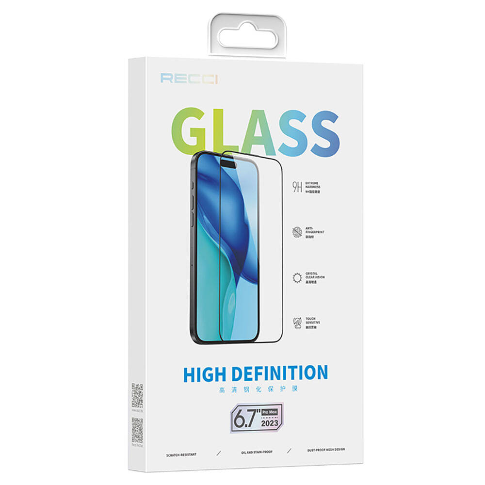 iPhone 15 Pro Max Recci RSP-A23HD Full Transparan Temperli Cam Ekran Koruyucu Siyah