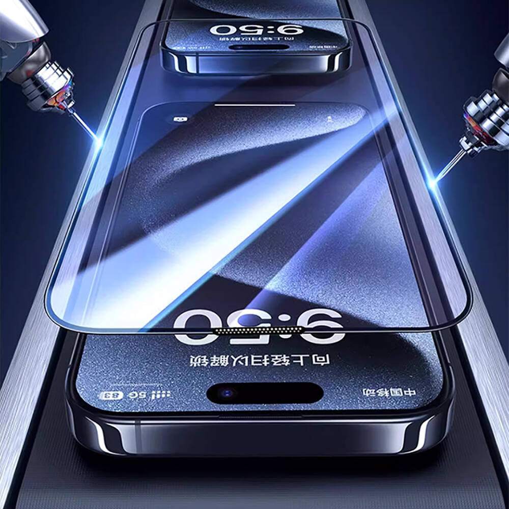 iPhone 15 Wiwu GT-009 Polimer Oleofobik Kaplama Şeffaf Pürüzsüz Temperli Cam Ekran Koruyucu Siyah