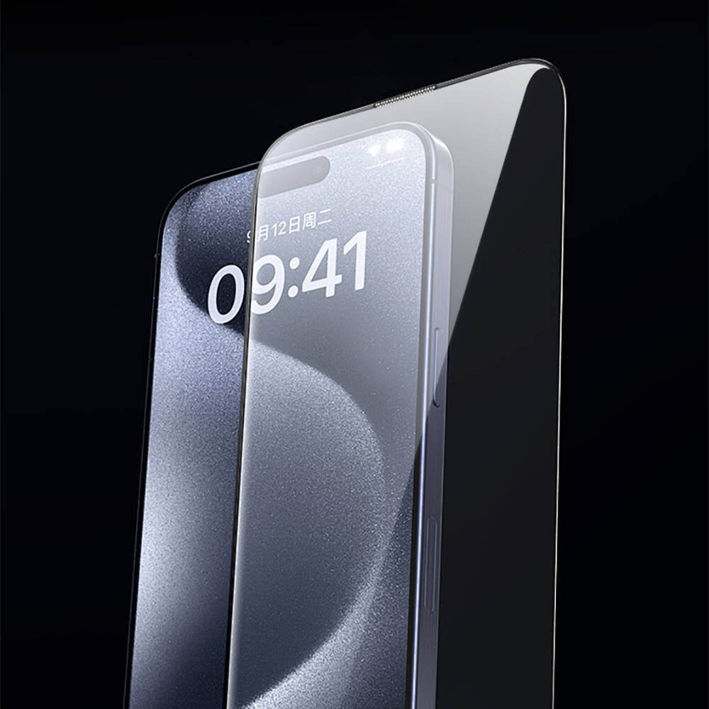 iPhone 15 Wiwu GT-009 Polimer Oleofobik Kaplama Şeffaf Pürüzsüz Temperli Cam Ekran Koruyucu Siyah