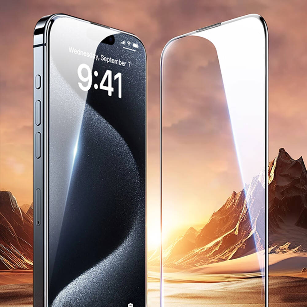 iPhone 15 Wiwu GT-009 Polimer Oleofobik Kaplama Şeffaf Pürüzsüz Temperli Cam Ekran Koruyucu Siyah