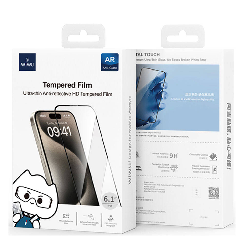 iPhone 15 Wiwu GT-010 Anti-Reflective Polimer Oleofobik Kaplama Ultra İnce Temperli Cam Ekran Koruyucu Siyah