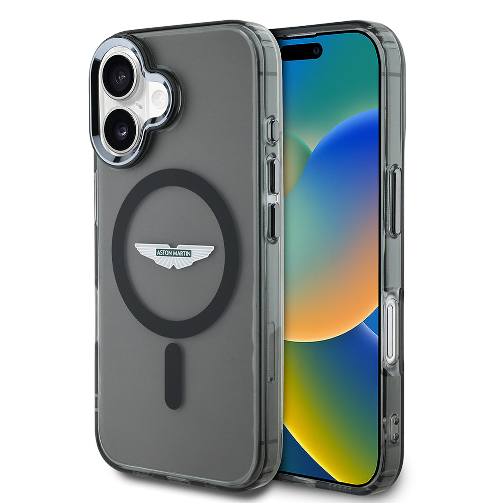 Apple iPhone 16 Kılıf Aston Martin Orjinal Lisanslı Magsafe Şarj Özellikli IML Baskı Logolu Buzlu Kapak Siyah