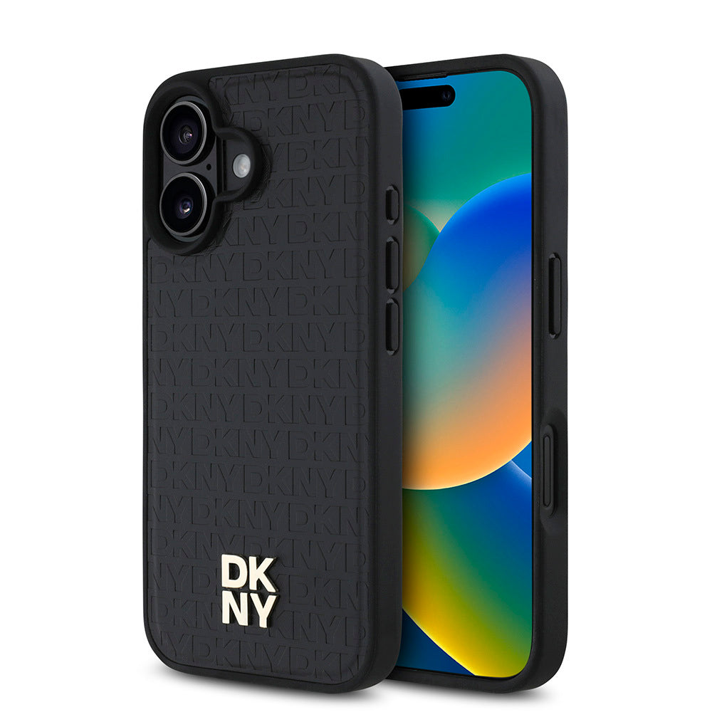 iPhone 16 Kılıf DKNY Orjinal Lisanslı Magsafe Şarj Özellikli 3D Yazılı Repeat Pattern Kılıf Siyah